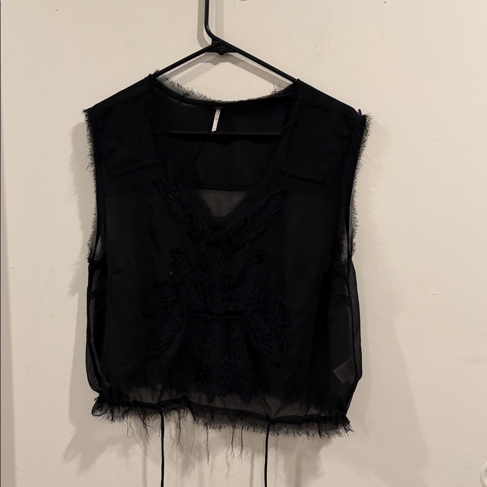 FP Movement by Free People Black Sheer Embroidered V-Neck Camisole